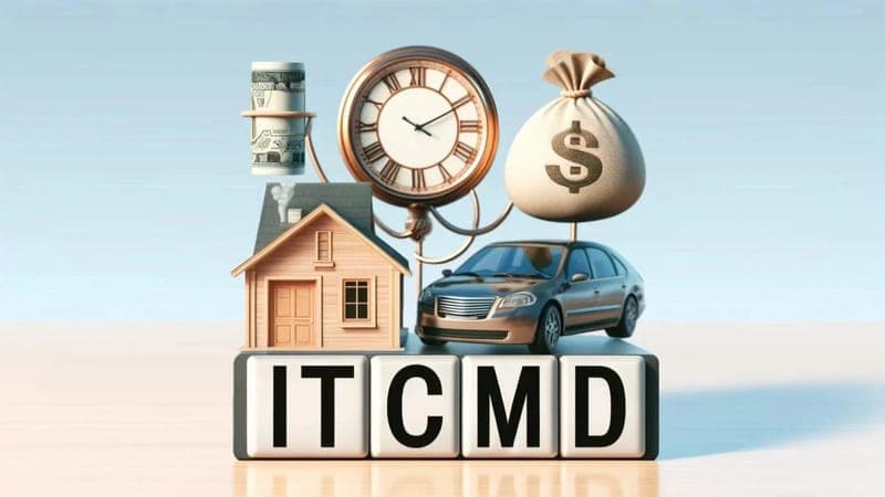 Ilustração com a sigla ITCMD em blocos, ao lado de uma casa, um carro e um saco de dinheiro